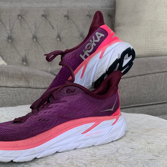 Hoka Shoes - Hoka Clifton 8 Women's Magenta and Coral Everyday Athletic Shoes